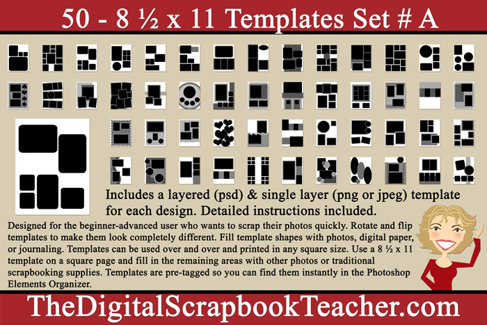 8½ x 11 inch Scrapbook Page Templates (50 - DOWNLOAD) - #A