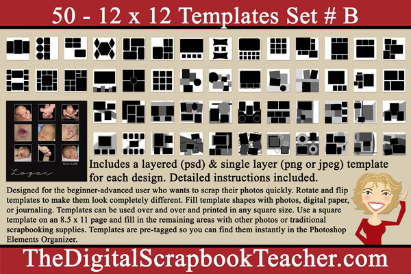 12 x 12 inch Scrapbook Page Templates (50 per set on a CD) - #B